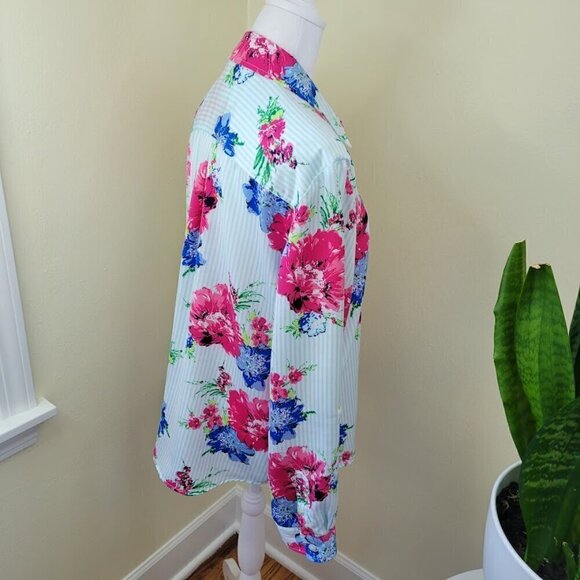 Chico’s Striped Floral Print Blouse Roll Tab Sleeve Pink Blue Women’s Size L - Picture 6 of 13